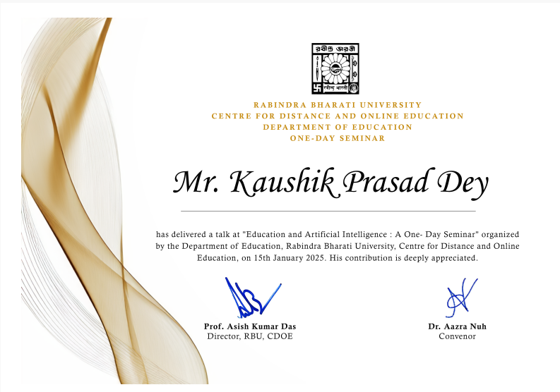 Edu Creative Digication Rabindra Bharati University Certificate to kaushik Dey