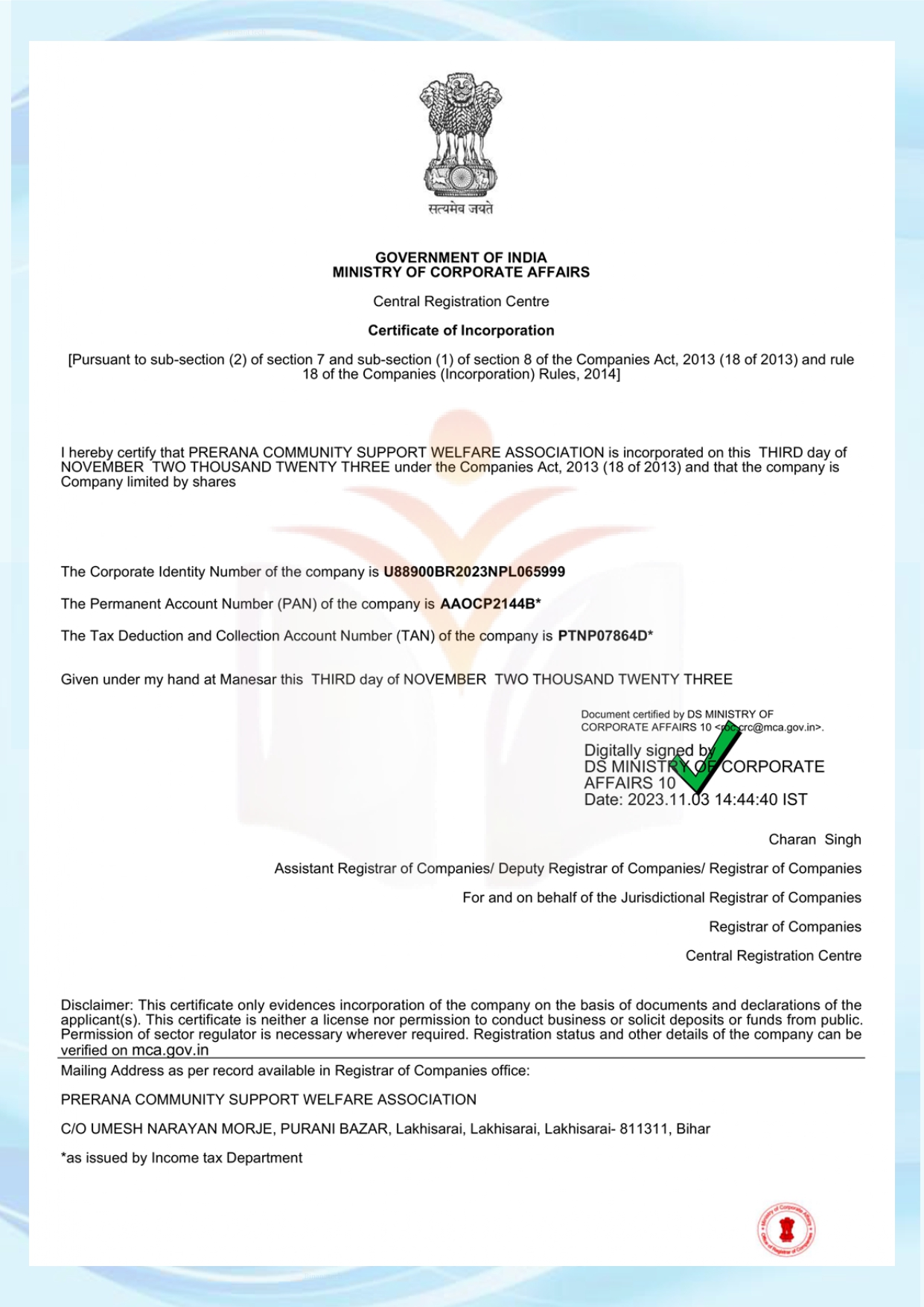 CERTIFICATE OF INCORPORATION