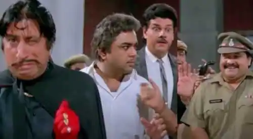 Shakti Kapoor, Shehzad Khan, and Tiku Talsania in Andaz Apna Apna.tring Shakti Kapoor, Shehzad Khan, and Tiku Talsania in Andaz Apna Apna