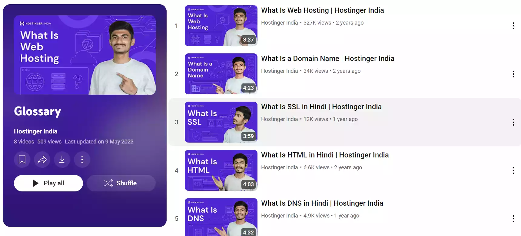 hostinger education playlist explaining basic concepts like web hosting
